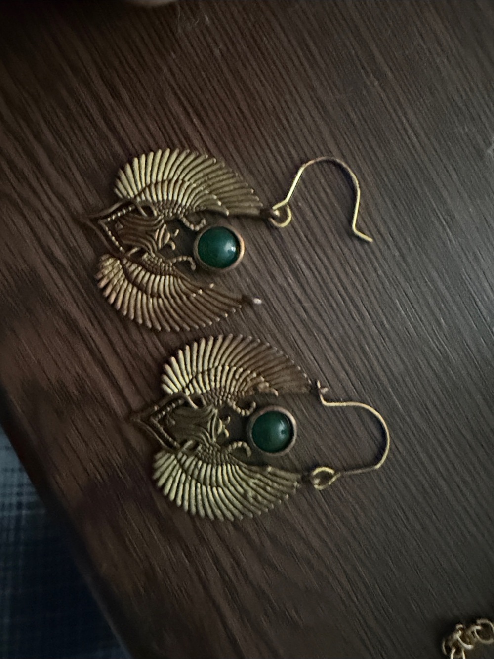 Antique Gold-Tone Winged Drop Earrings with Green Stone